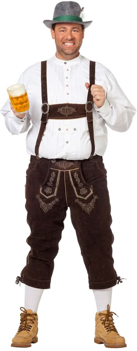 Donkerbruine halflange echte lederhosen | Oktoberfest kleding maat 46 (XS)